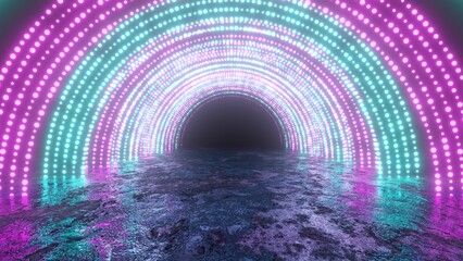 Retro Futuristic Neon Lit Tunnel Of Concentric Arc Glow LED Lights - Abstract Background Texture