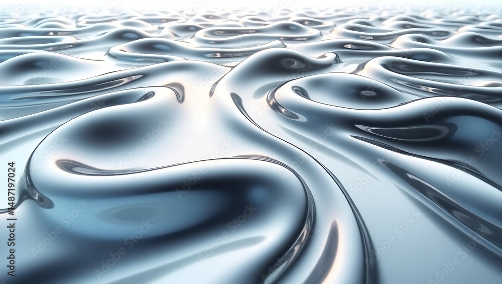 Aufkleber abstract rendering of flowing liquid metal waves in a soft blue silver gradient with a glossy finish