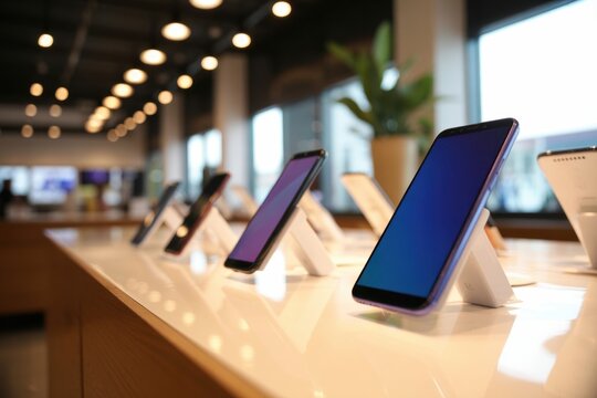 Modern Display Of Mobile Phones On Stands In A Stylish Tech Retail Store With Bright Lighting