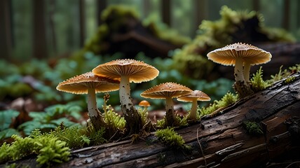 A close-up of fungi growing on a fallen log 