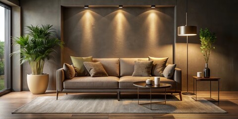 Modern sofa in living room with ambient warm lighting, featuring a predominantly earthy color palette and contrasting dark accents, modern furniture, warm ambiance