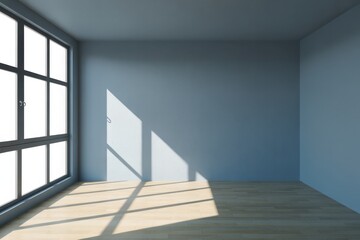 Obraz premium Empty Minimalist Room With Blue Walls And Hardwood Floor Bathed In Natural Light From Large Windows