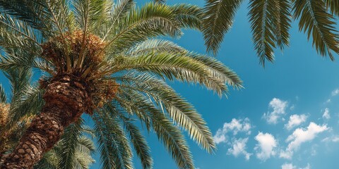Naklejka premium Tropical Palm Canopy: A low-angle perspective captures the lush fronds of a palm tree against a vivid blue sky, inviting thoughts of a vacation or a moment of relaxation and leisure. Ai image
