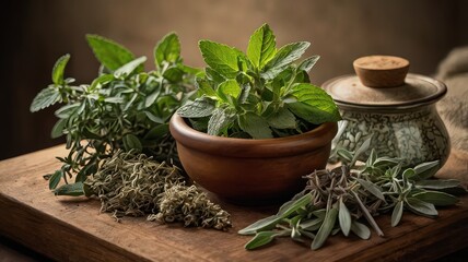 Fototapeta premium Still life of fresh herbs in a bowl with dried herbs and a ceramic pot on a wooden surface