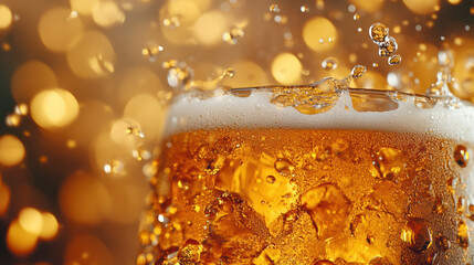 A close up of glass filled with golden beer with bubbles and droplets splashing, creating lively and refreshing atmosphere