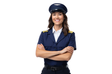 Smiling female airline pilot in uniform with arms crossed, PNG