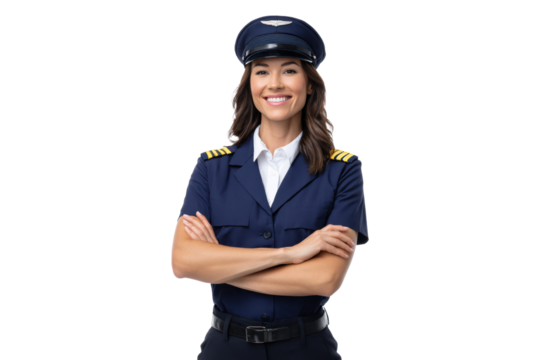 Smiling female airline pilot in uniform with arms crossed, PNG