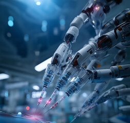 Multiple Robotic Arms Performing High-Tech Surgical Operation