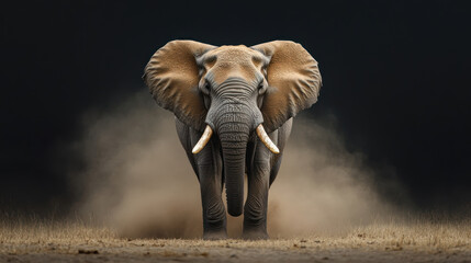 A powerful front facing portrait of tusked bull elephant with dust clouds rising behind in dramatic dark background