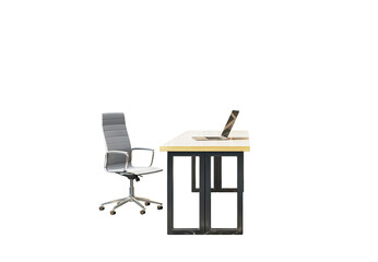 Side view of a modern office desk with a laptop and ergonomic chair, clean layout style on white background. Concept of business workspace. 3D Rendering.