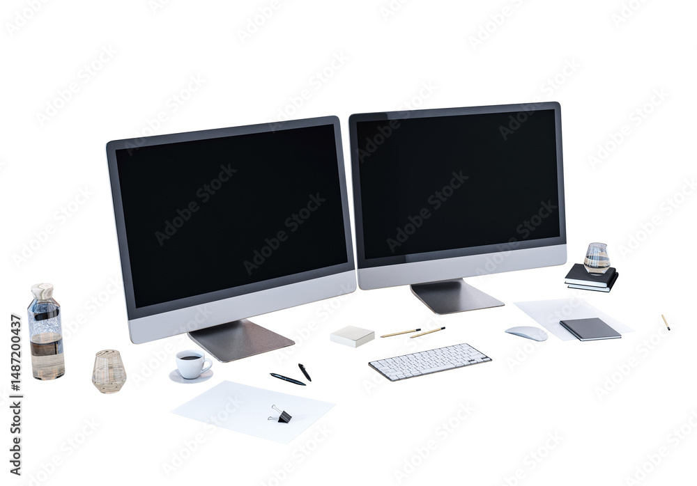 Aufkleber two modern computer monitors with office tools and accessories on isolated white background, clean d