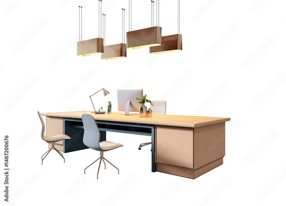 Poster contemporary office desk setup with chairs, computer, and accessories in realistic 3d rendering styl