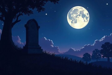 Spectral silhouette against moonlit graveyard, specter, moon, halloween decoration