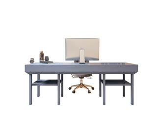 Contemporary office desk setup with monitor, books, chair, and accessories, isolated on a white background, front view layout for workspace. 3D Rendering