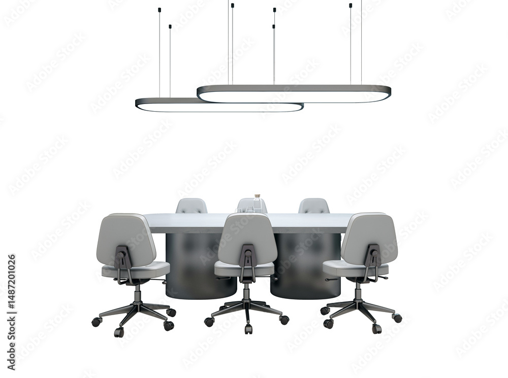 Poster modern conference room setup with swivel chairs and a round table under elegant ceiling lights, clea