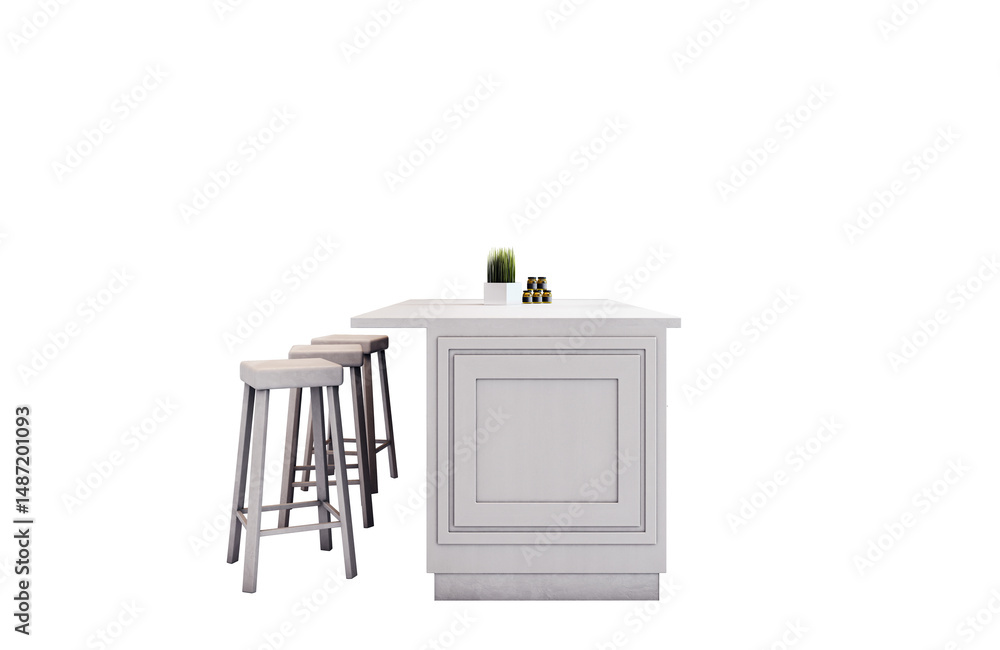 Poster sleek kitchen island with three bar stools and minimal decorations, isolated on clean white backgrou