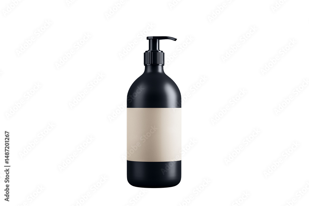 Poster black pump dispenser bottle with empty beige label, clean design style, isolated on white background