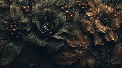 A beautifully detailed floral pattern with dark, moody hues and winter berries accented by soft, swirling leaves, perfect for a luxurious winter wardrobe.