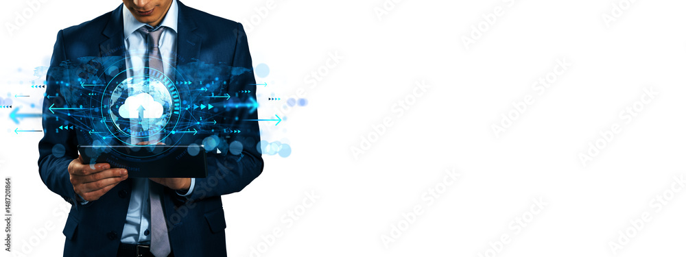 Poster businessman holding tablet with glowing cloud icon and digital interface, futuristic tech layout on 