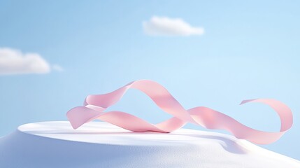 Delicate, pastel pink ribbon draped on a soft, white pedestal against a pale sky.