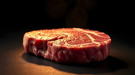 Close-Up Raw Beef Steak with Marbling Texture on Dark Background – Fresh Uncooked Ribeye Cut for Culinary and Butchery Stock Photography