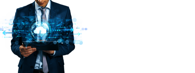 Businessman holding tablet with glowing cloud icon and digital interface, futuristic tech layout on white background, concept of cloud computing