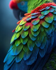 Fototapeta premium vivid close-up of a tropical parrot showing intricate colorful feathers, bright green, blue, and red tones