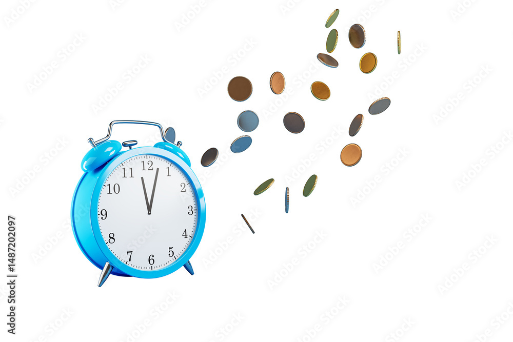 Aufkleber Blue alarm clock with scattered flying coins in various colors, clean isolated style on white background, representing time and money concept. 3D Rendering