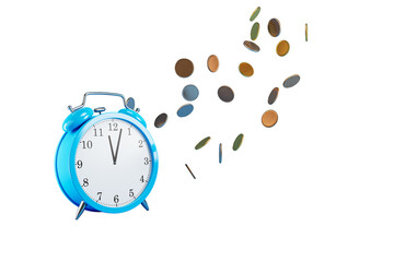 Blue alarm clock with scattered flying coins in various colors, clean isolated style on white background, representing time and money concept. 3D Rendering