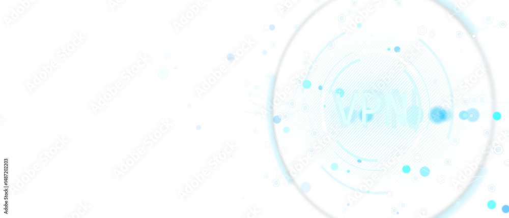 Poster VPN icon inside circular interface with glowing blue dots and tech lines, modern digital concept on white background. 3D Rendering