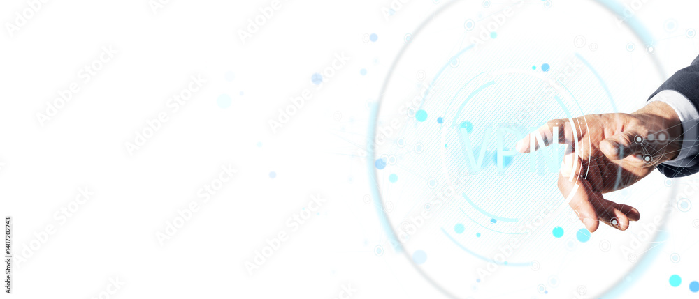 Aufkleber Hand of businessman touching transparent virtual interface with VPN icon, clean futuristic layout on white background. Concept of secure network. 3D Rendering.