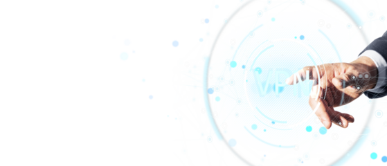 Hand of businessman touching transparent virtual interface with VPN icon, clean futuristic layout on white background. Concept of secure network. 3D Rendering.