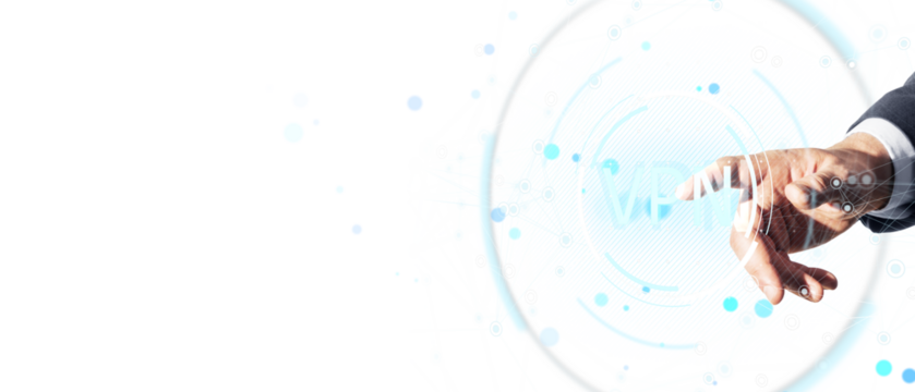 Hand of businessman touching transparent virtual interface with VPN icon, clean futuristic layout on white background. Concept of secure network. 3D Rendering.