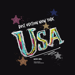 Creative USA-themed typography design with vibrant sketch-style lettering and star decorations. Urban streetwear concept promoting American pride, fashion, and New York influence. Perfect for T-shirt.