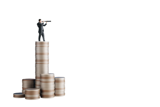 Businessman standing on tall stack of coins looking through telescope, isolated on white background. Concept of future, money, and leadership