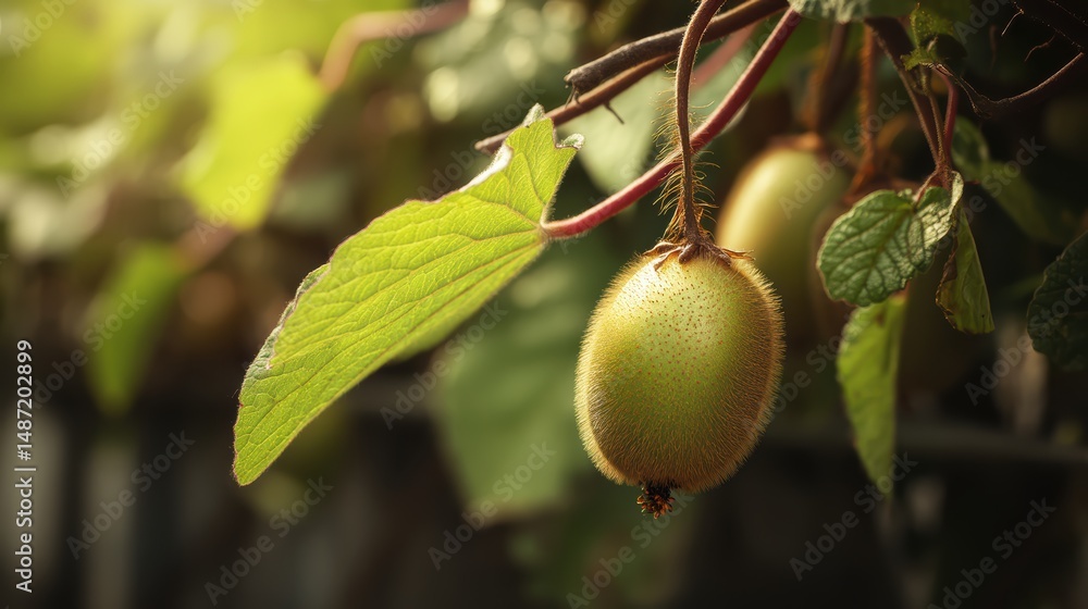 Poster close up view of a kiwi fruit hanging from the vine showing the texture of the fruit and its beautif