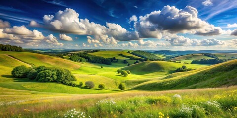 Fototapeta premium Rolling hills with a clear blue sky and fluffy white clouds, set against a backdrop of green grass and wildflowers, rural landscape, landscape photography