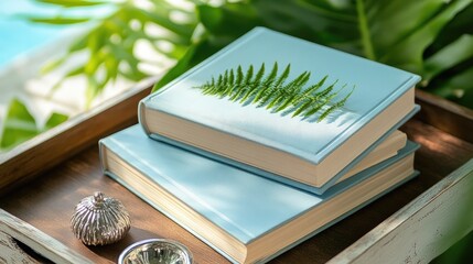 Light blue books rest on a wooden tray, accented by a fern and small ornaments.