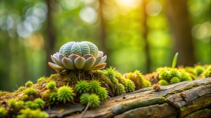 Cactus lithops on moss-covered tree branch, botanical, forest, botanical,forest,desert,moss,gardening,cactus