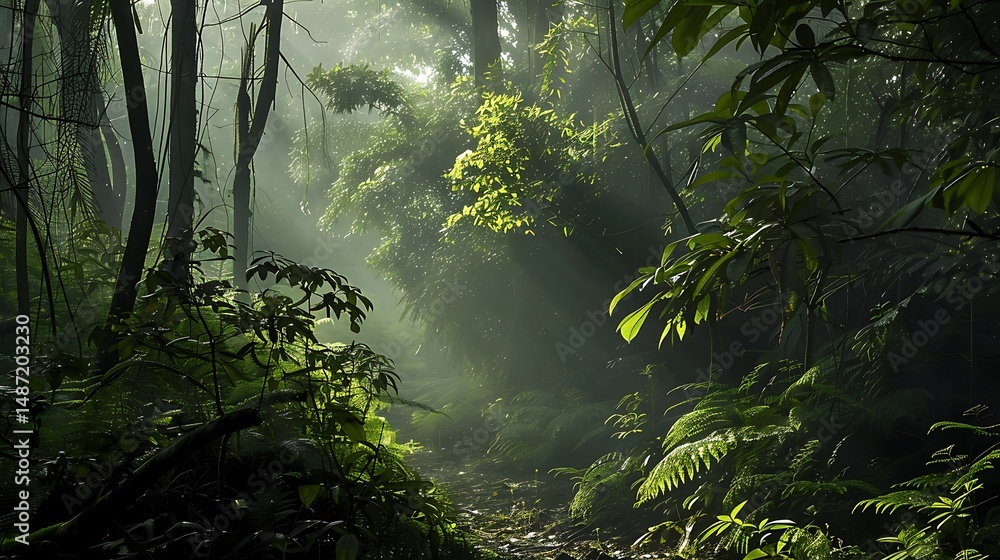 Poster sunlight piercing through dense green forest canopy creating atmospheric scene