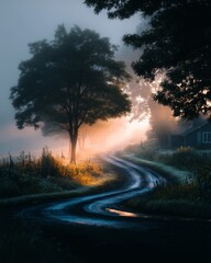 winding country road disappearing into morning fog, soft light filtering through mist, early hours, peaceful and quiet rural scene 