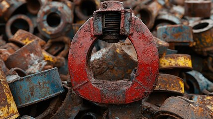 Rusted metal clamp surrounded by scrap metal.