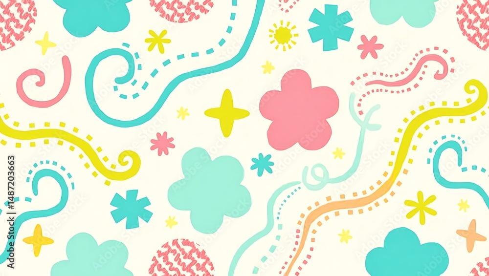 Poster playful and colorful hand drawn abstract pattern background with floral and star shapes on cream col