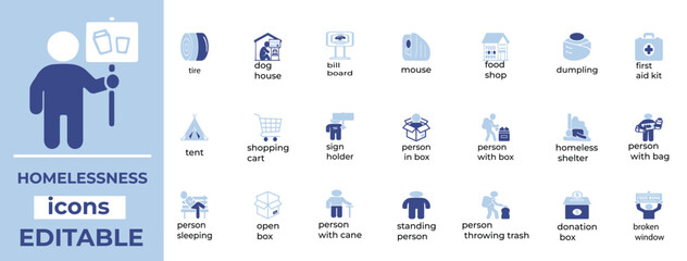 Editable line icons illustrating homelessness, social issues, shelters, and outreach—ideal for nonprofits and awareness media.