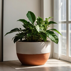 Fototapeta premium Houseplant in a two-tone pot sits near a window with natural light