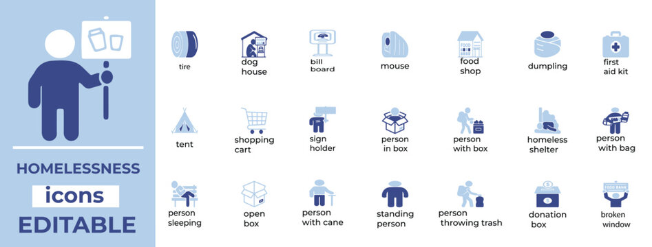 Editable line icons illustrating homelessness, social issues, shelters, and outreach—ideal for nonprofits and awareness media.