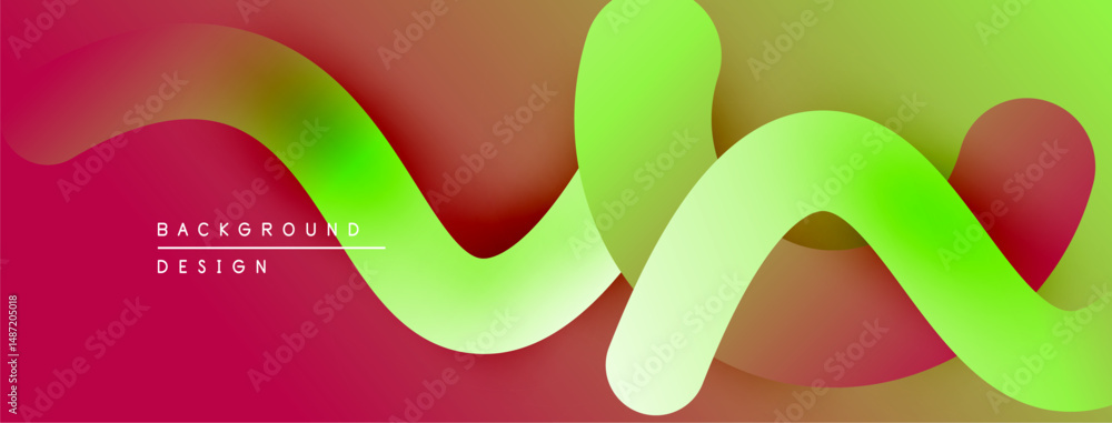 Poster Abstract fluid shapes, vibrant gradients. Red, yellow, green hues blend smoothly creating dynamic visual flow. Modern design element.