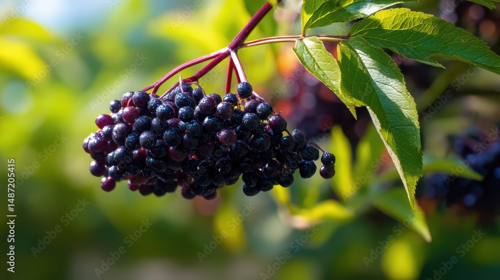 Fototapete close up view of a cluster of ripe elderberries on a branch with green leaves and natural sunlight i