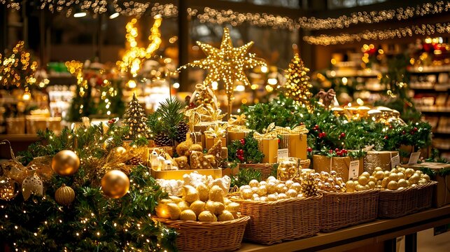 A festive popup shop interior with sparkling Christmas lights, winter-themed decorations, and neatly displayed holiday products, creating a magical winter shopping experience.