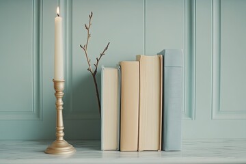 A golden candleholder, books, and a sprig of twigs on a light mint green mantelpiece.